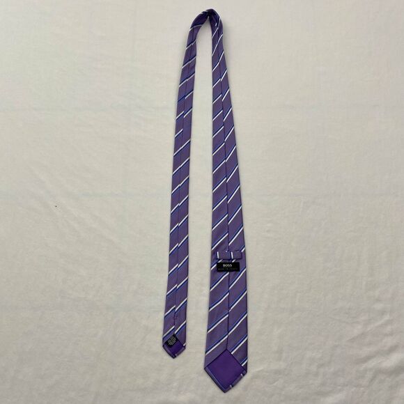 Hugo Boss Silk Tie Mens Purple Blue Striped Made In Italy Formal Dress Necktie - Picture 8 of 10
